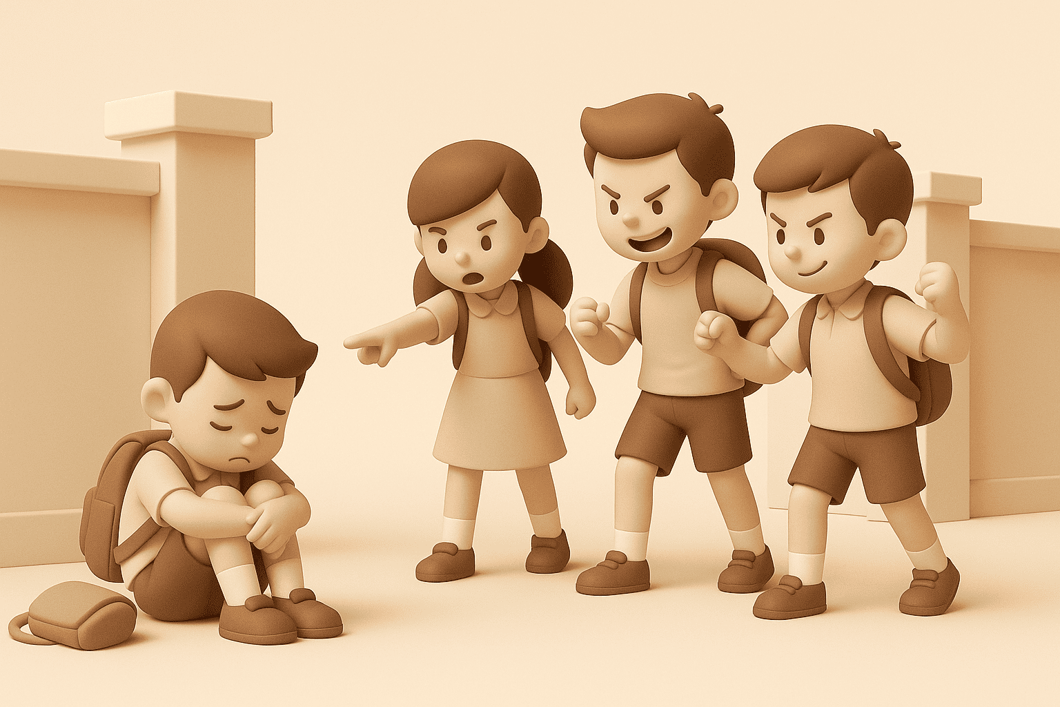 Illustration of school bullying where three students gang up on a classmate sitting alone and looking sad.