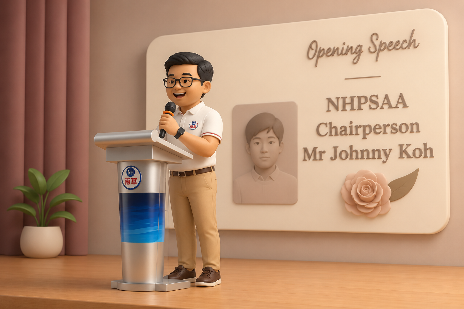 Johnny Koh delivering a speech as Chairperson of the Nan Hua Primary School Alumni Association in a 3D minimalist illustration style.