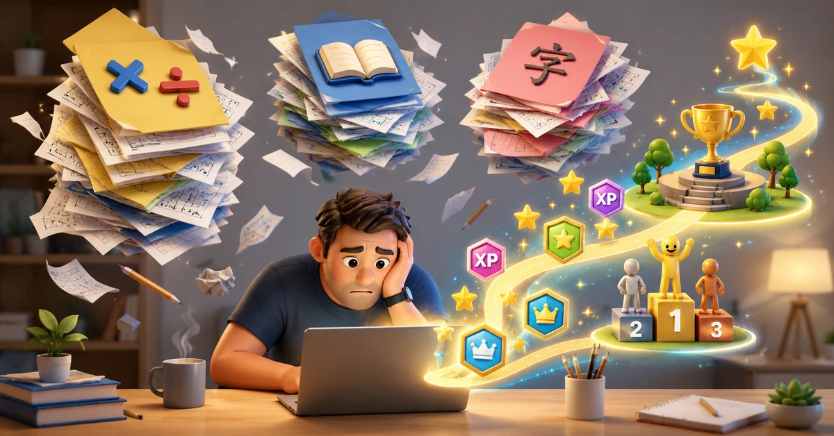 3D illustration of a parent overwhelmed by children's homework while a gamified learning path with badges, XP points and trophies emerges from a laptop.