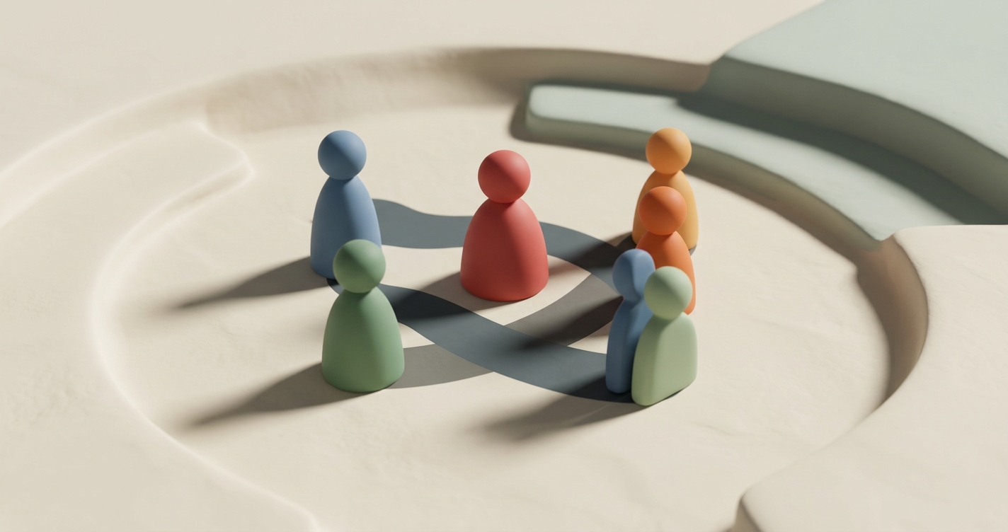 Colourful figurines standing in a circle, representing different roles in a bullying scenario