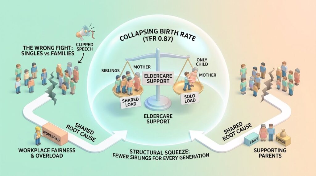Infographic showing how Singapore's collapsing birth rate (TFR 0.87) creates a structural squeeze, splitting eldercare between siblings who share the load and an only child who carries it alone.