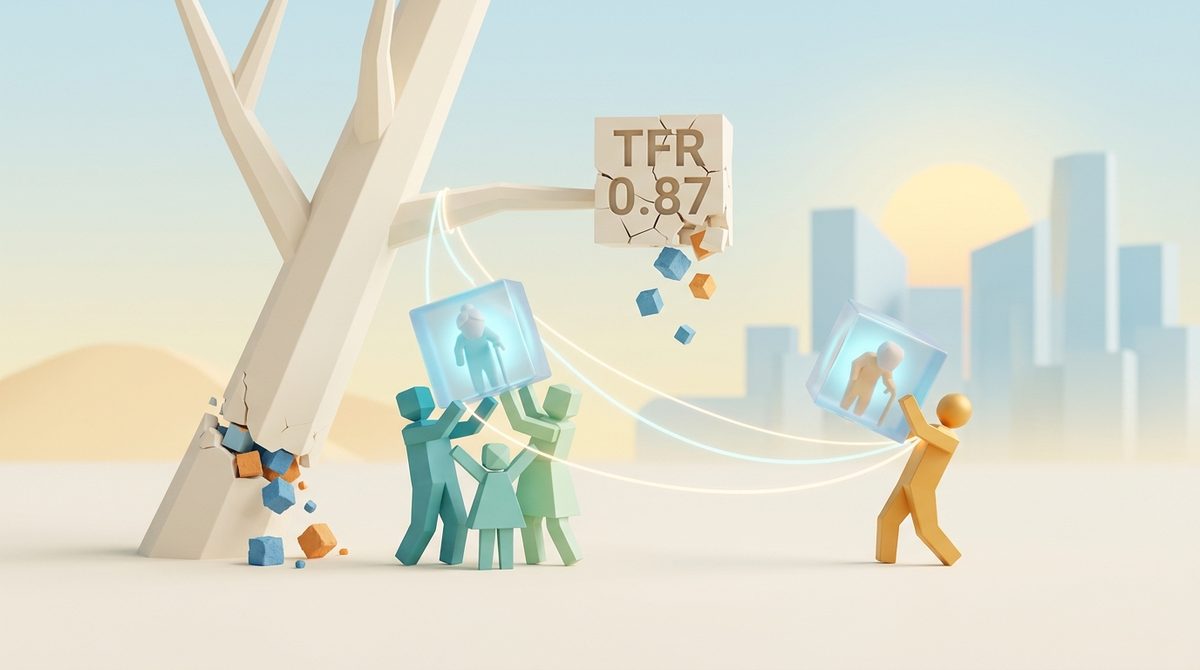 Illustration of a family sharing eldercare duties together beside a cracked tree marked "TFR 0.87," while a single figure carries an elderly care icon alone toward the city.